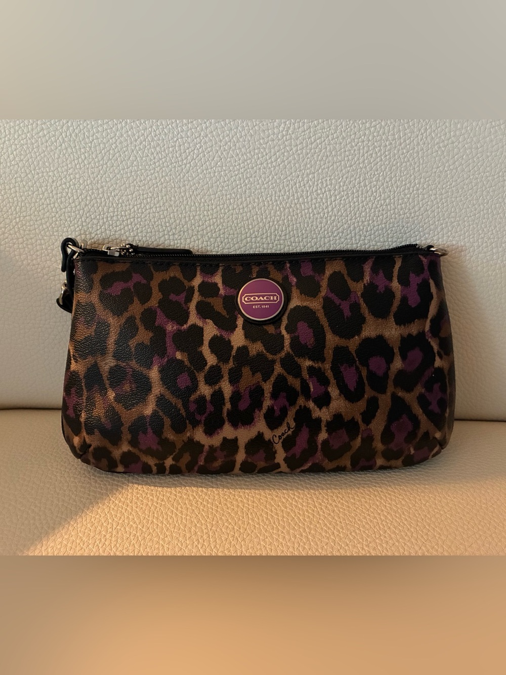 COACH Leopard Print Wristlet in Brown and Purple - 9x5